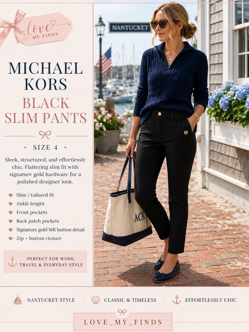Michael Kors Black Slim Ankle Pants Gold Button Detail Size 4
